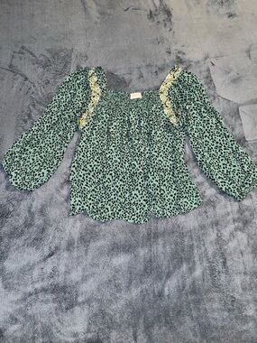 Hailey and Co Smocked Mint Green Leopard Print Peasant Blouse with Yellow Trim